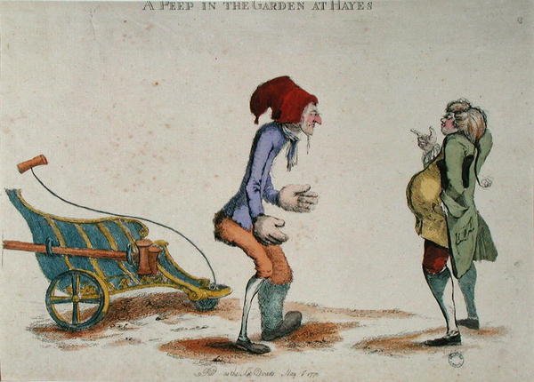 Kurkistus puutarhaan Hayesissa, toukokuu 1773 (värillinen kaiverrus) tekijältä William Austin