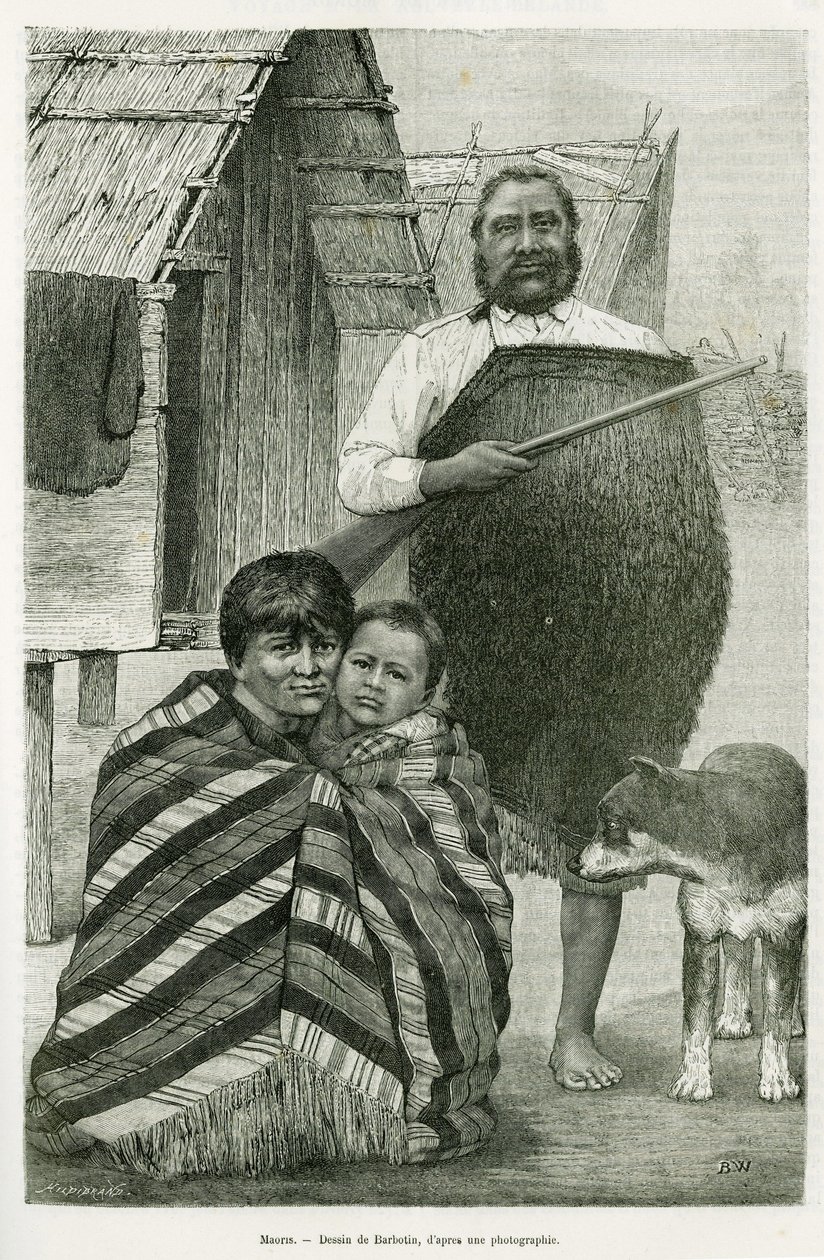Kolme sukupolvea maoreja. Barbotinin kaiverrus, joka kuvittaa G.Verschuurin vuonna 1889 kirjoittamaa kertomusta Voyage a la Nouvelle Zelande, teoksessa le tour du monde 1890, jonka on suomentanut Edouard Charton (1807-1890), Hachette, Pariisi. tekijältä William Barbotin