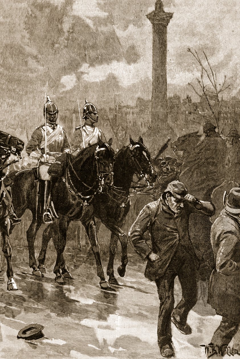 Verinen sunnuntai: Hengenvartijat pitelemässä Trafalgar Squarea, 1887, kuvitus "Cassellin kuvitetusta Englannin historiasta" (seepiakuva) tekijältä William Barnes Wollen