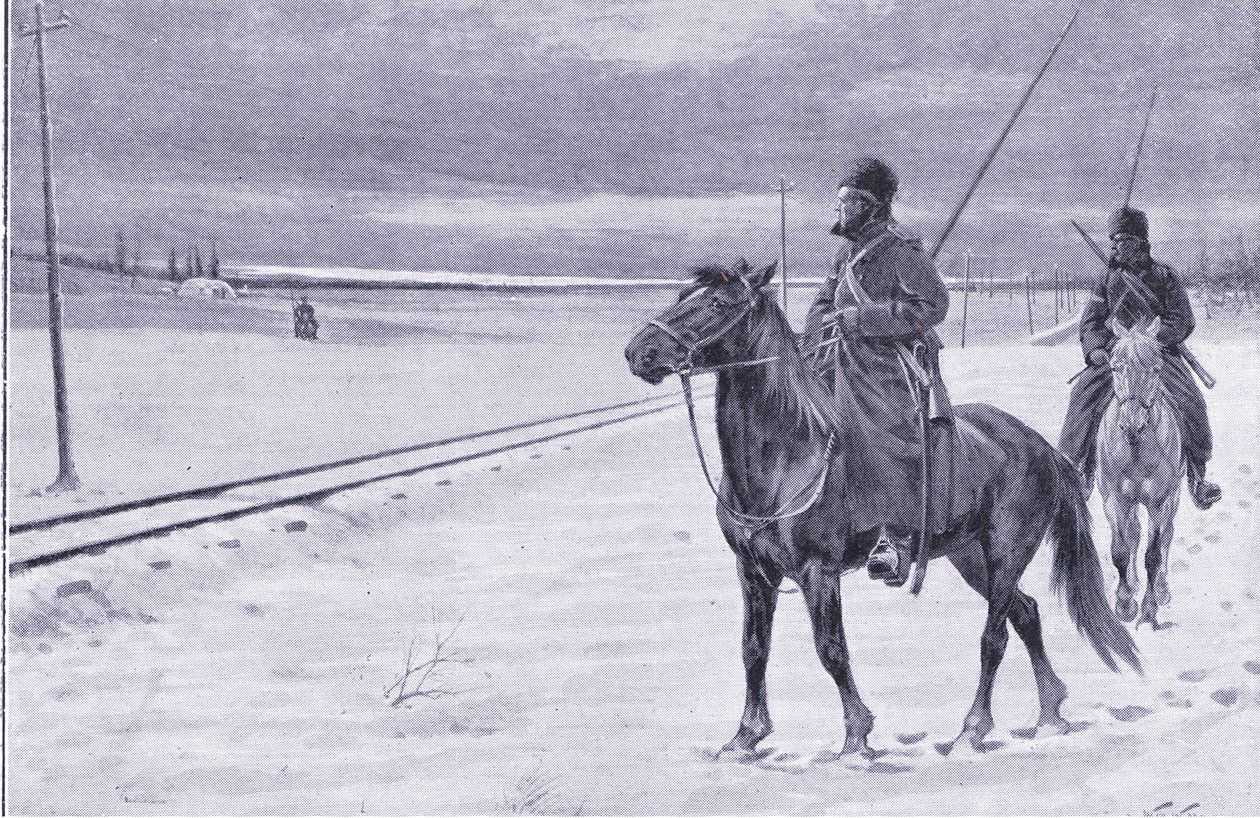 Rautatien vartiointi Mukdenin lähellä, kuvitus teoksesta Cassells History of the Russo-Japanese War Vol. 1, n. 1900. tekijältä William Barnes Wollen