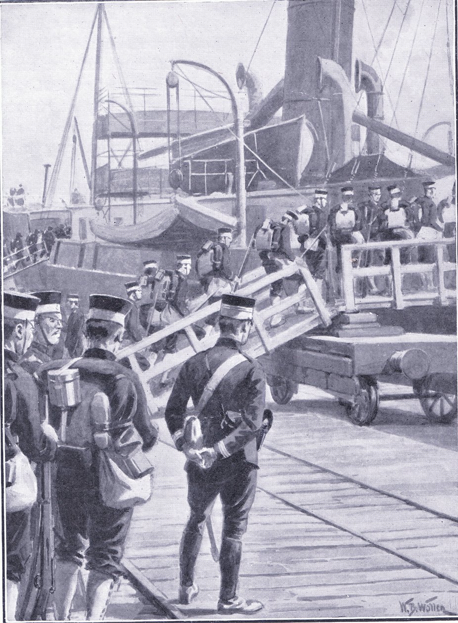 Japanilaiset joukot lähtevät Kobeen, kuva Cassellsin Venäjän ja Japanin sodan historiasta Vol 1, n. 1900 tekijältä William Barnes Wollen