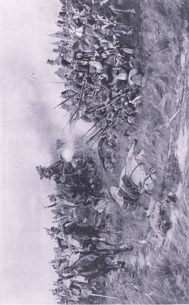 28. Gloucesterin rykmentti vastaanottaa ranskalaisen ratsuväen Waterloossa 18. kesäkuuta 1815, kuva brittiläisistä taisteluista maalla ja merellä, 1915 tekijältä William Barnes Wollen