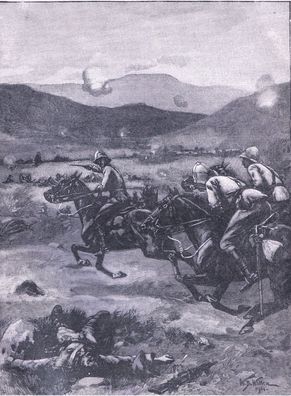 Colenson taistelu: Luutnantti Roberts laukkaa saadakseen katastrofin aseisiin., kuva Cassells History of Englandista, 1900-luku tekijältä William Barnes Wollen