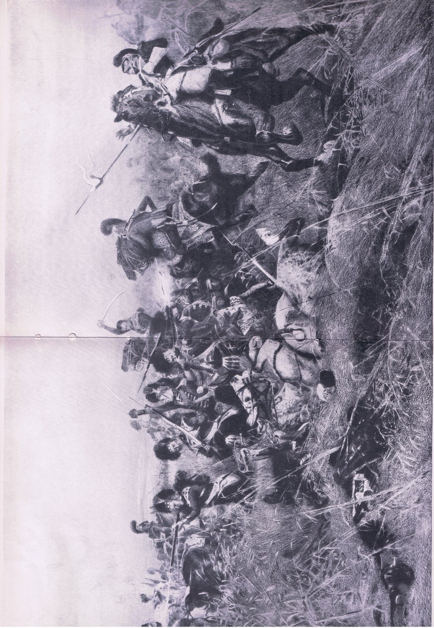 Musta kello Quatre Brasin taistelussa 16. kesäkuuta 1815, kuva brittiläisistä taisteluista maalla ja merellä, 1915 tekijältä William Barnes Wollen