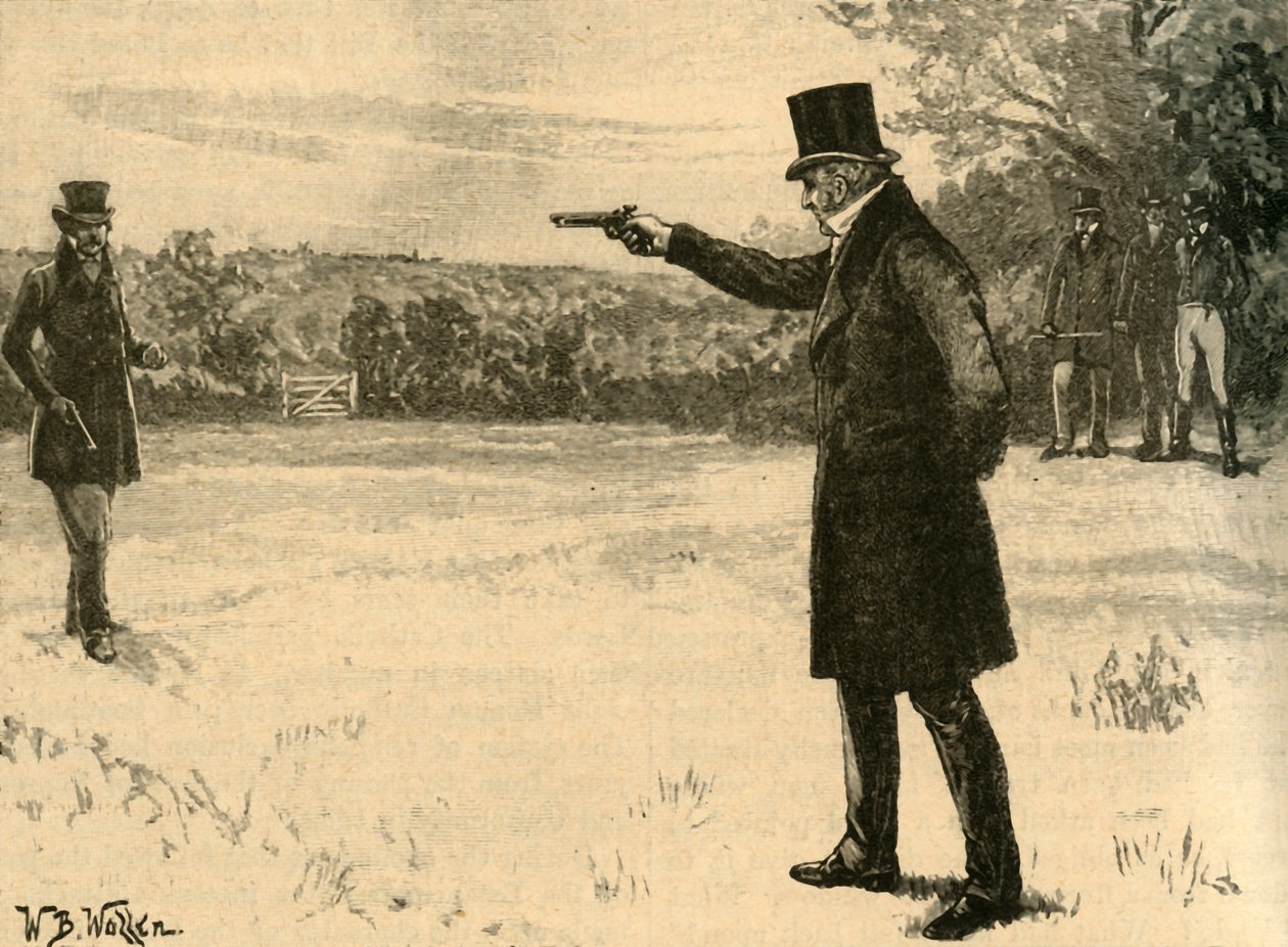 Wellingtonin herttua kaksintaistelu Earl of Winchilsean kanssa, Battersea Fields, Lontoo, 1829 c1890. tekijältä William Barnes Wollen
