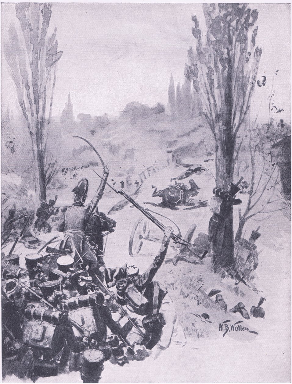 Ranskan joukkojen eteneminen Lignyssä, 16. kesäkuuta 1815, kuva brittiläisistä taisteluista maalla ja merellä, 1915 tekijältä William Barnes Wollen