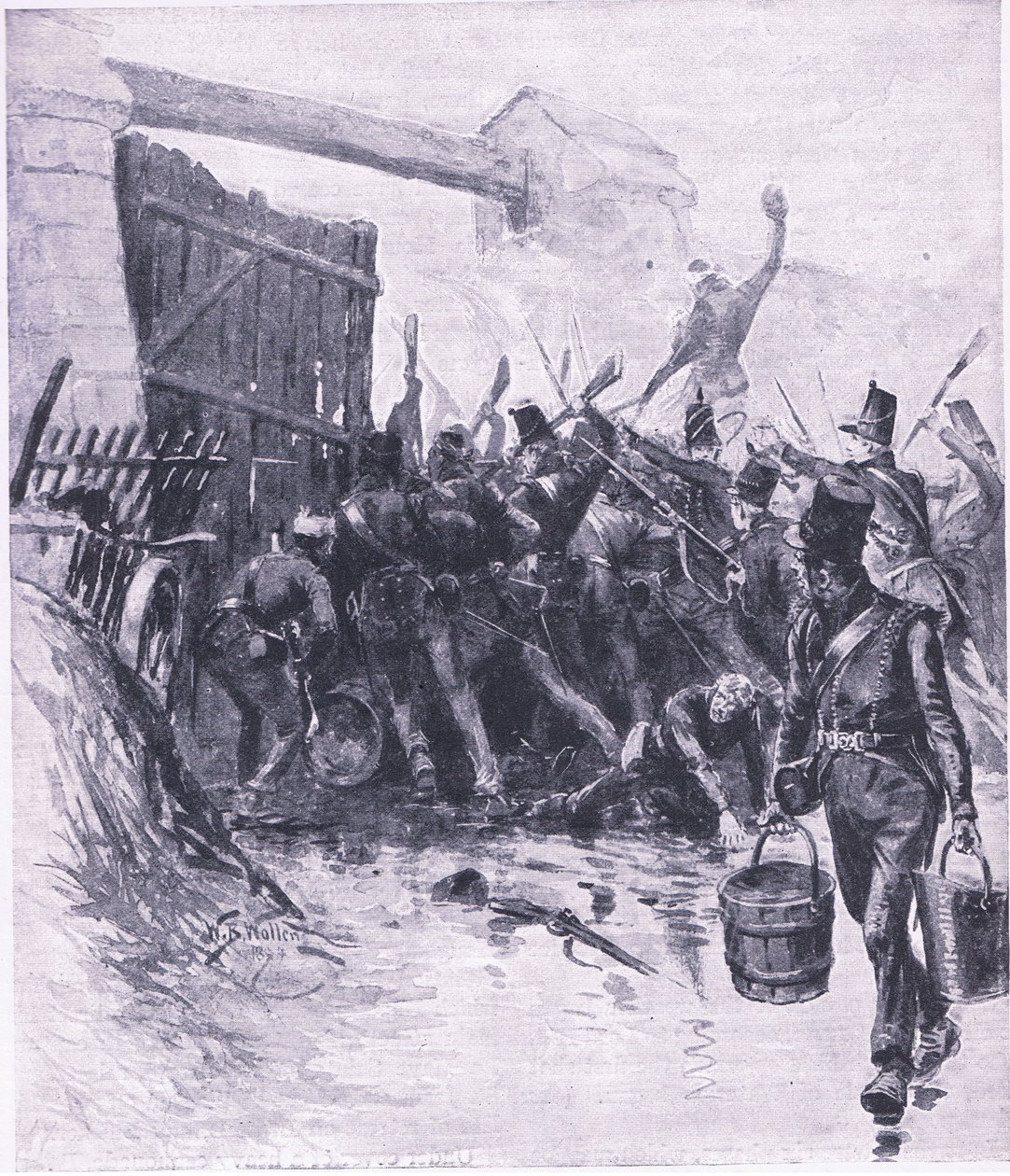Hyökkäys La Haye Sainteen, esimerkki brittiläisistä taisteluista maalla ja merellä, 1915 tekijältä William Barnes Wollen