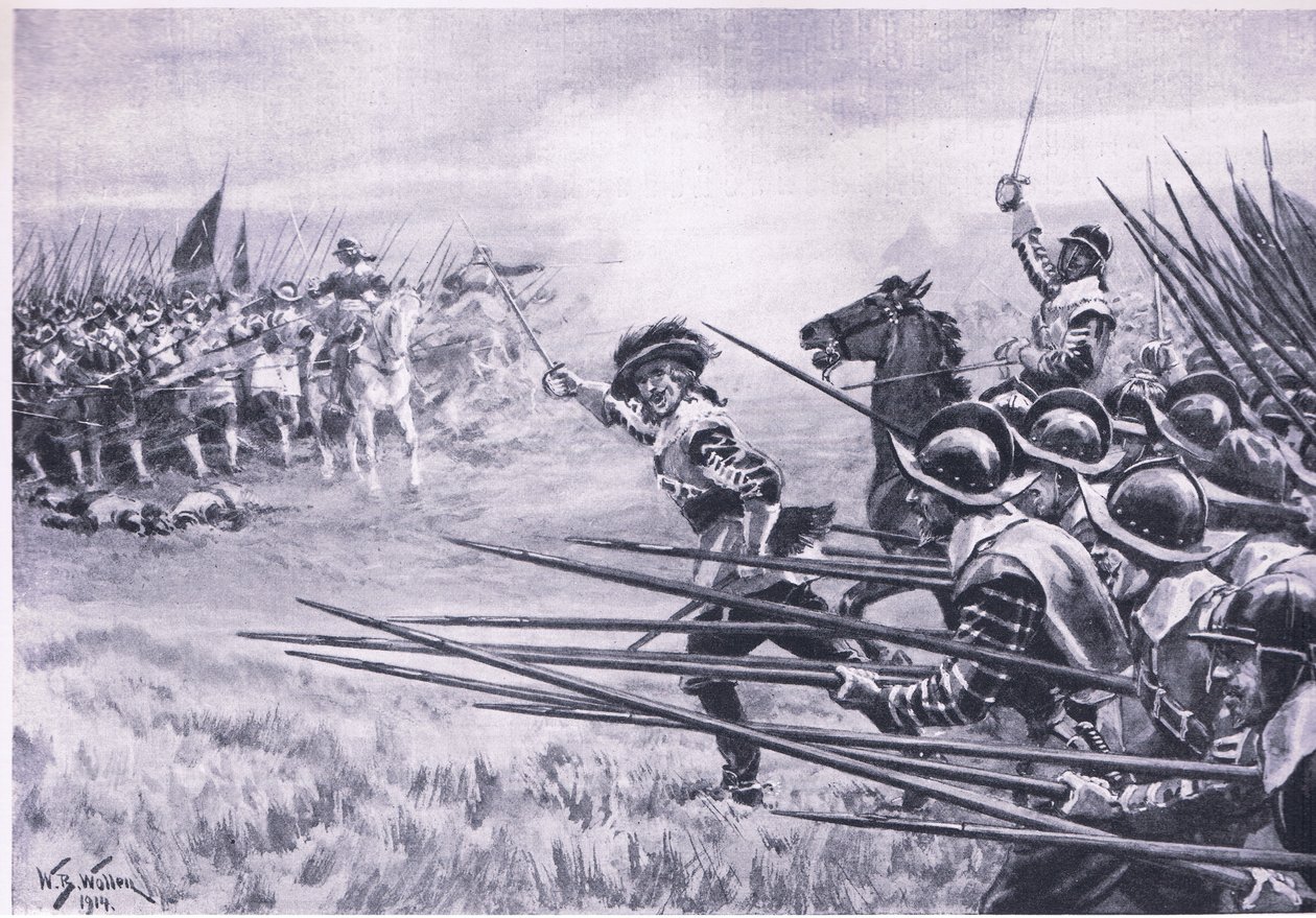 Royalistin jalkaväen panos Nasebyssä, kesäkuu 1645, kuva brittiläisistä taisteluista maalla ja merellä, 1915 tekijältä William Barnes Wollen