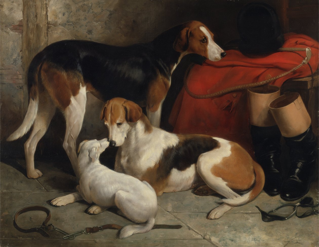 Pariskunta Lord Henry Bentinckin kettukoiria terrierin kanssa, n. 1845 (öljy kankaalle) tekijältä William Barraud