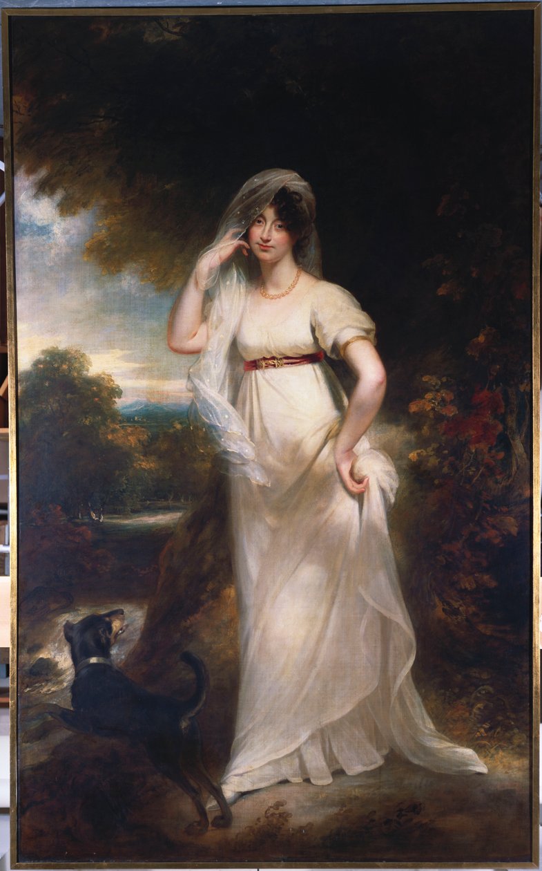 Muotokuva Harriet Wellsistä jokimaisemassa tekijältä William Beechey