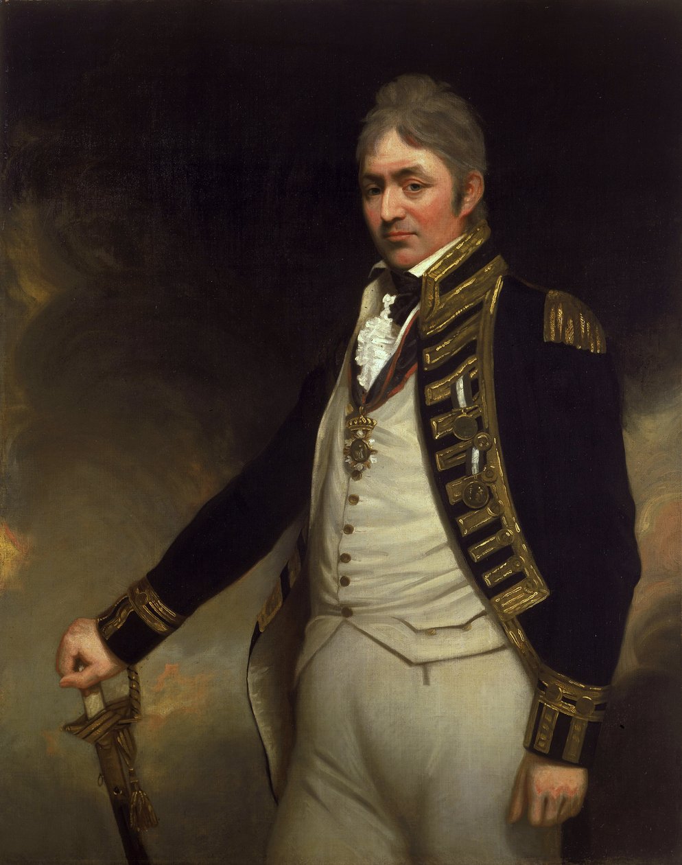 Muotokuva kontra-amiraali Sir Thomas Troubridgesta (n. 1758-1807), jolla on Saint Vincentin ja Niilin mitalit (Aboukirin taistelusta Egyptissä). tekijältä William Beechey