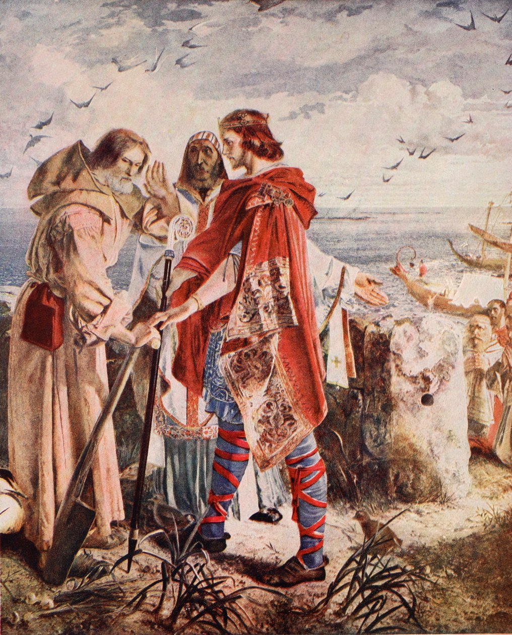 Egfrith tarjoaa Hexhamin piispakunnan Cuthbertille, 678, kuvitus teoksesta "Hutchinson