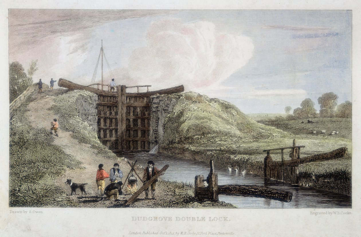 Dudgroven kaksoislukko Lechladen, Thamesin ja Severnin kanavan yläpuolella, 1814 tekijältä William Bernard Cooke