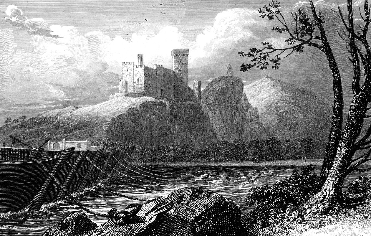 Beaucairen linna ja venesilta Rhônen yli, Ranska, 1824. tekijältä William Bernard Cooke