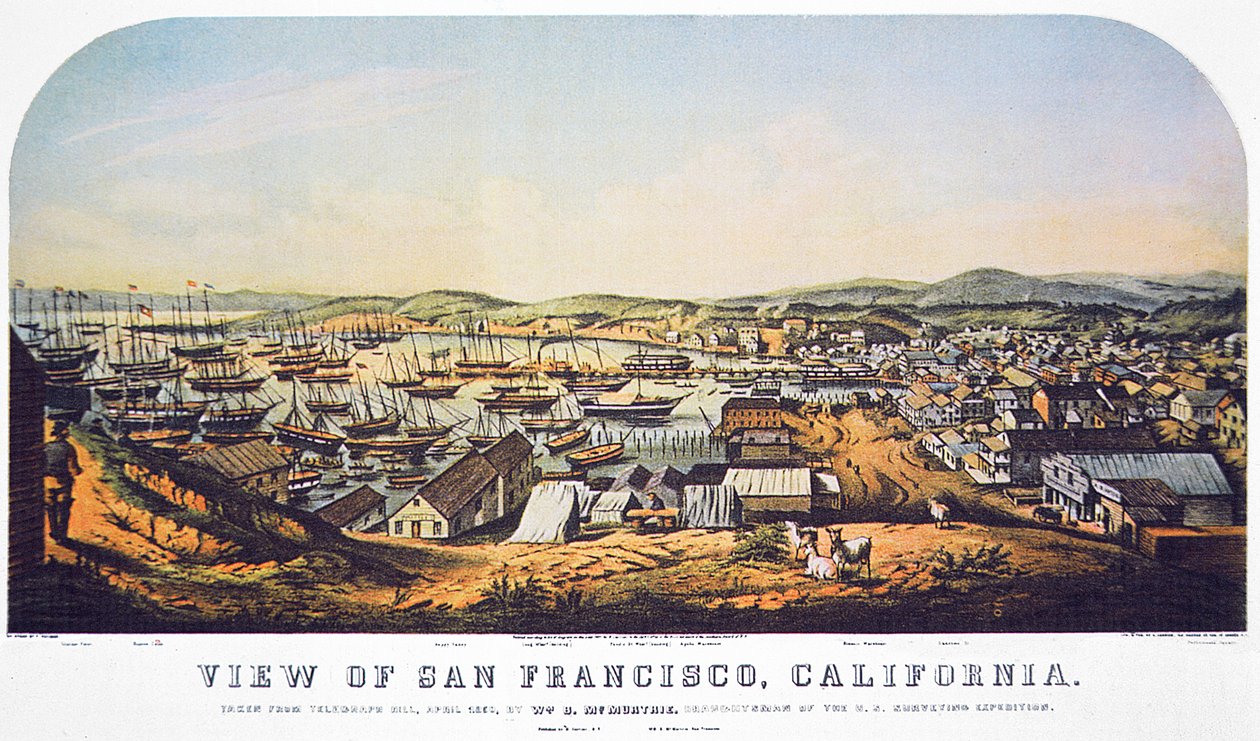 Näkymä San Franciscoon, Kaliforniaan, Telegraph Hilliltä, huhtikuu 1850 (värilitho) tekijältä William Birch McMurtrie