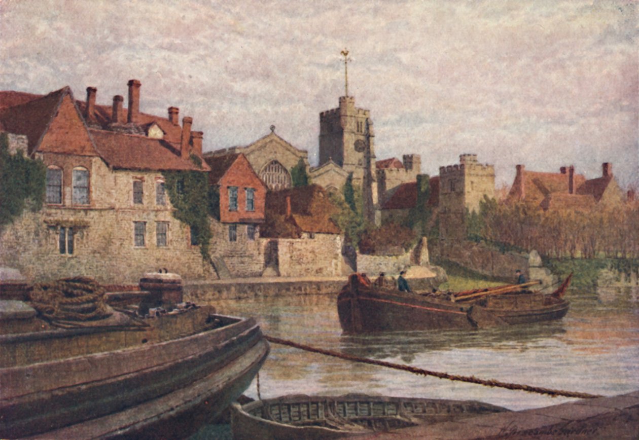 Maidstone. Muinaisen palatsin, kirkon ja Old Collegen takaosa Medwayn toiselta puolelta, 1900 tekijältä William Biscombe Gardner