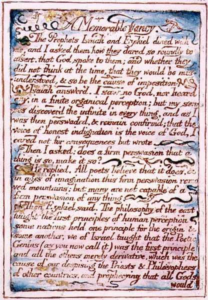 Muistettava mielikuvitus, teksti "Taivaan ja helvetin avioliitosta", n. 1790-3 (reliefietsaus viimeistelty kynällä ja akvarellilla) tekijältä William Blake