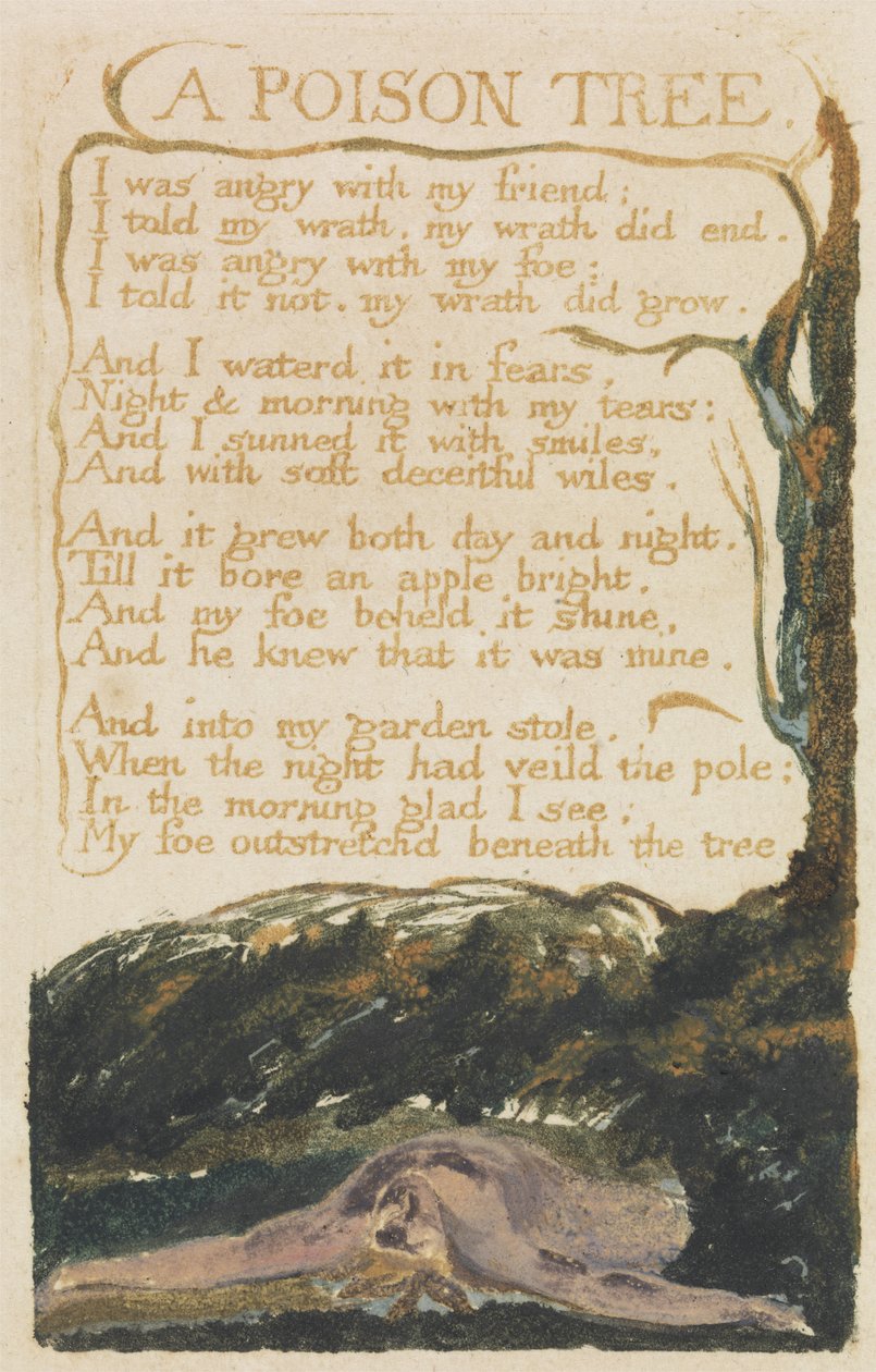 "A Poison Tree", levy 40 julkaisusta "Songs of Experience", 1794 (väripainettu reliefietsaus vesiväreillä) tekijältä William Blake