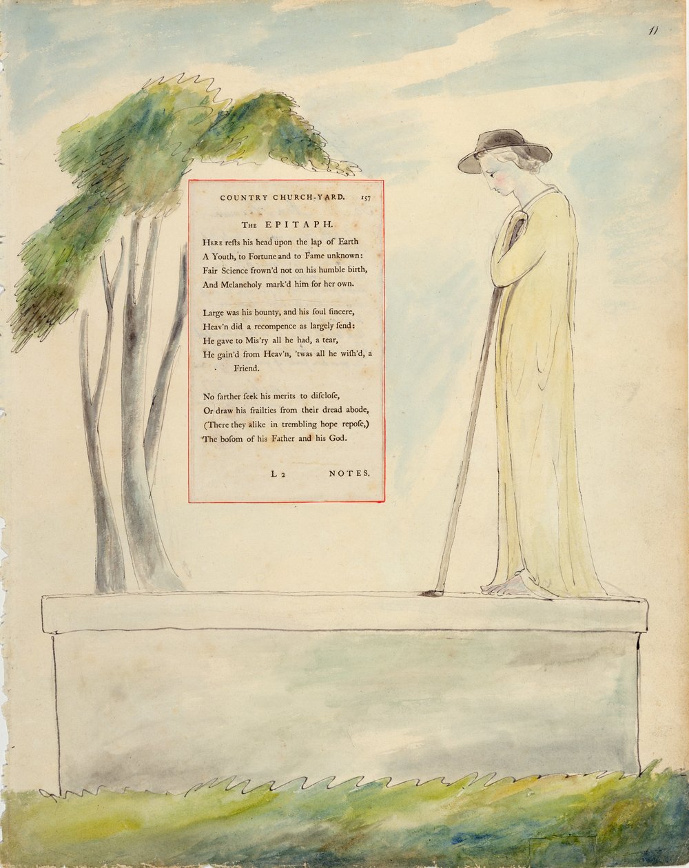 Paimen lukee epitafia, Elegiasta Kirkkopihalla kirjoitetusta Thomas Grayn runoista, julkaistu 1797-1798 (akvarelli ja musta muste paperille) tekijältä William Blake