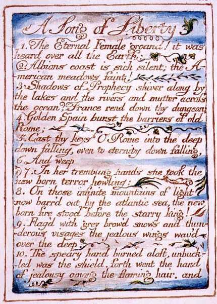 Vapauden laulu, teksti "Taivaan ja helvetin avioliitosta", n. 1790-3 (reliefietsaus viimeistelty kynällä ja vesivärillä) tekijältä William Blake