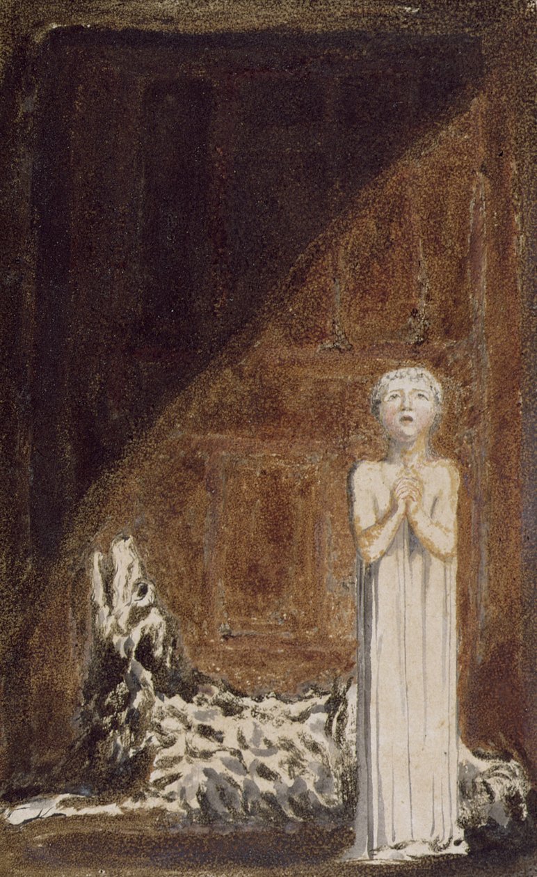 "Pitkämekkinen poika, joka seisoo koira kädet ristissä koiran vieressä", taulu 25 teoksesta "The First Book of Urizen", 1794 (väripainettu kohopainatuksellinen kaiverrus, muste ja wc paperille). tekijältä William Blake