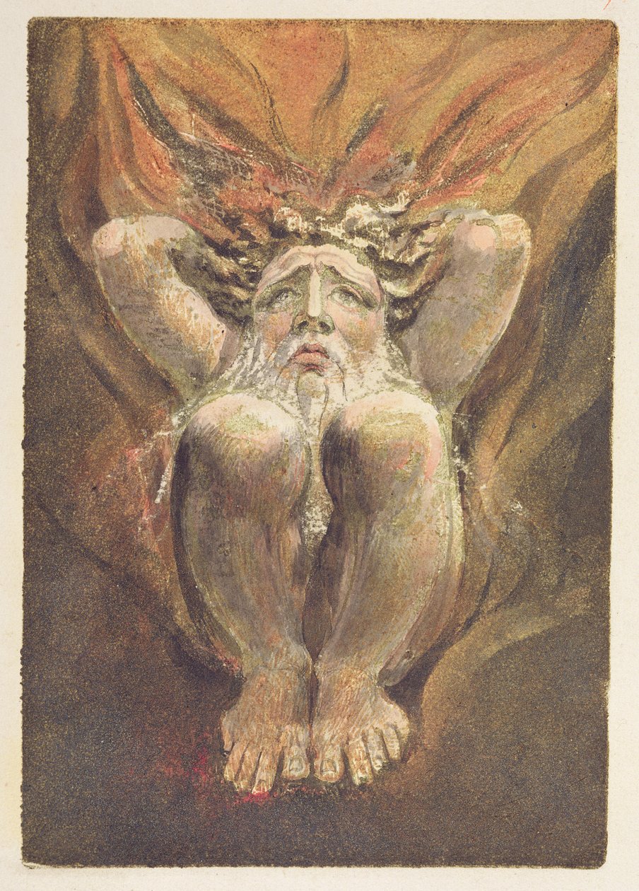 "Alastoma mies kyyristyi liekeissä, kädet päänsä takana", levy 21 julkaisusta "The First Book of Urizen" tekijältä William Blake