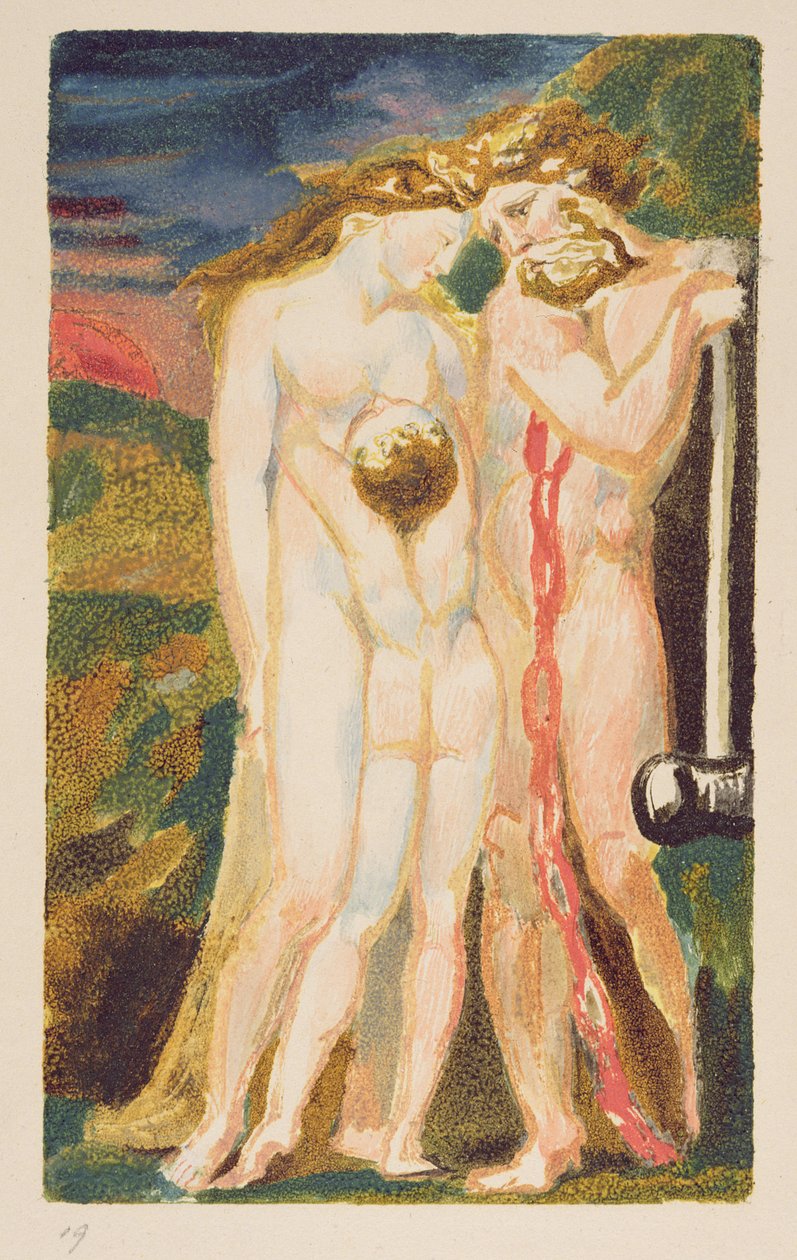 Alaston nainen katselee alas puoli-aikuista poikaa, levy 18 Urizenin ensimmäisestä kirjasta tekijältä William Blake