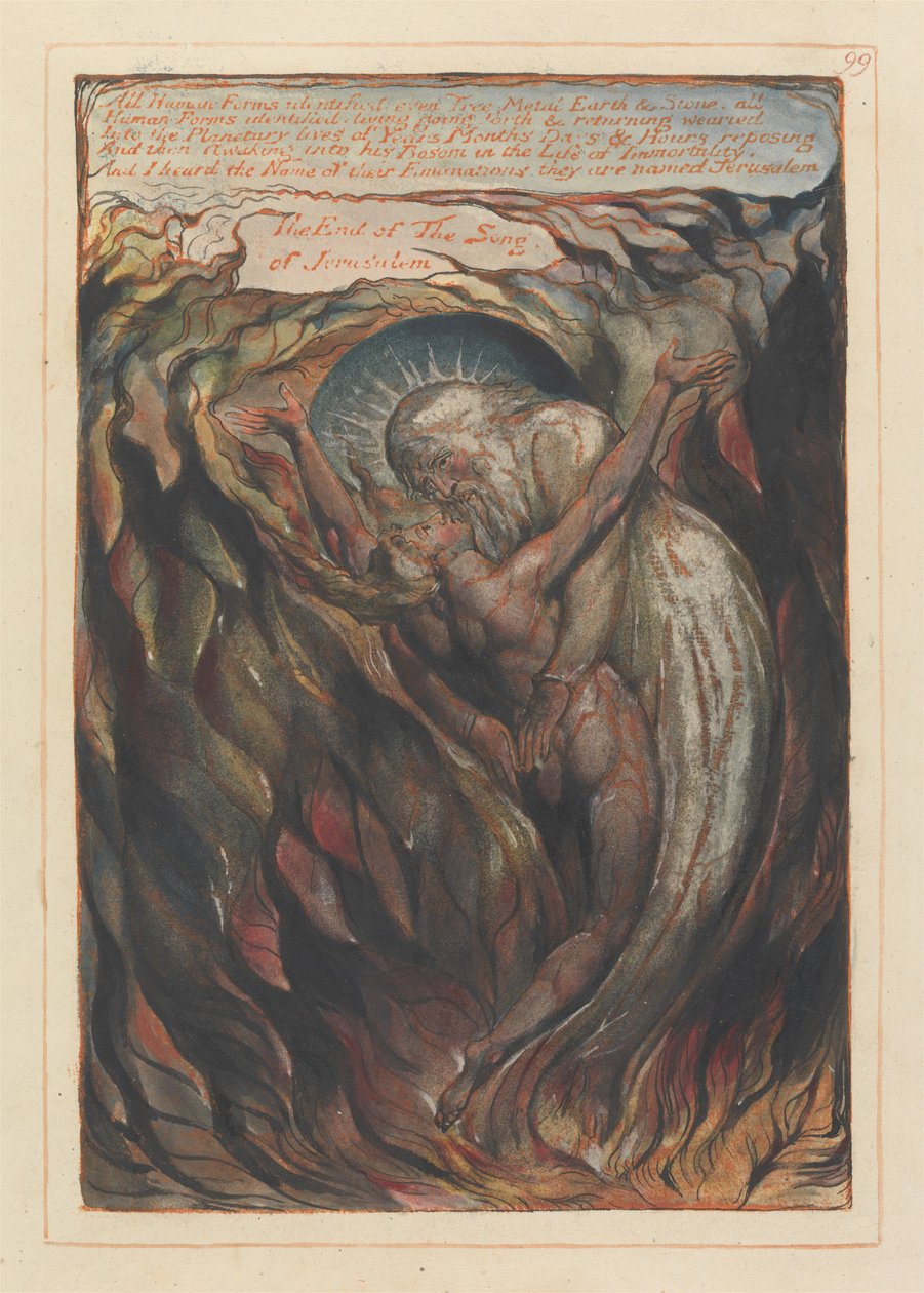 "Kaikki ihmismuodot tunnistettu... Jerusalemin laulun loppu" Kolofoni (laatta 99) tekijältä William Blake