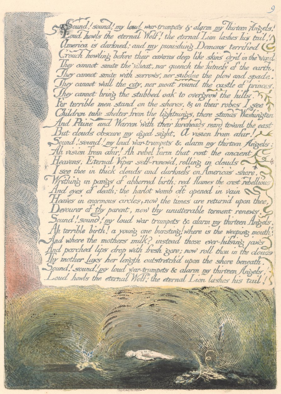 Amerikka. A Prophecy, Plate 11, Sound! Ääni! Äänekkäät sotatrumpettini.... tekijältä William Blake