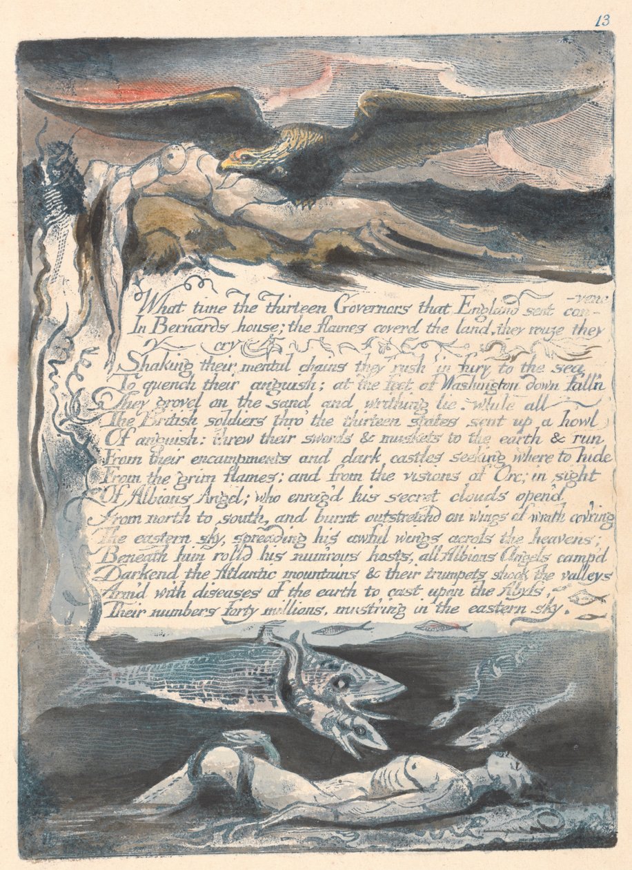 Amerikka. Profetia, levy 15, mihin aikaan kolmetoista kuvernööriä .... tekijältä William Blake