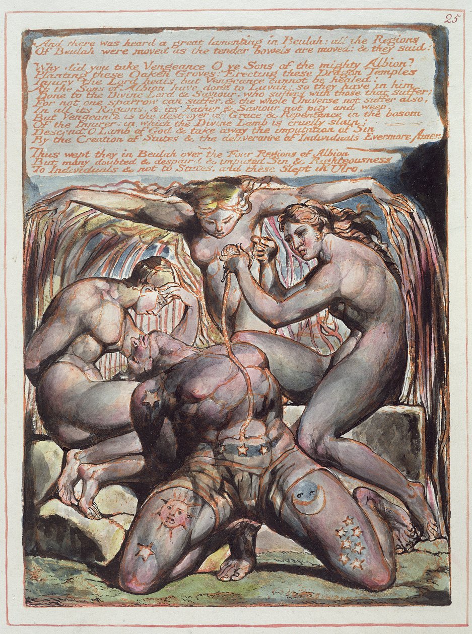 "And There Was Heard...", levy 25 Jerusalemista, 1804-20 (reliefietsaus painettu oranssilla kynällä ja wc:llä paperille) tekijältä William Blake