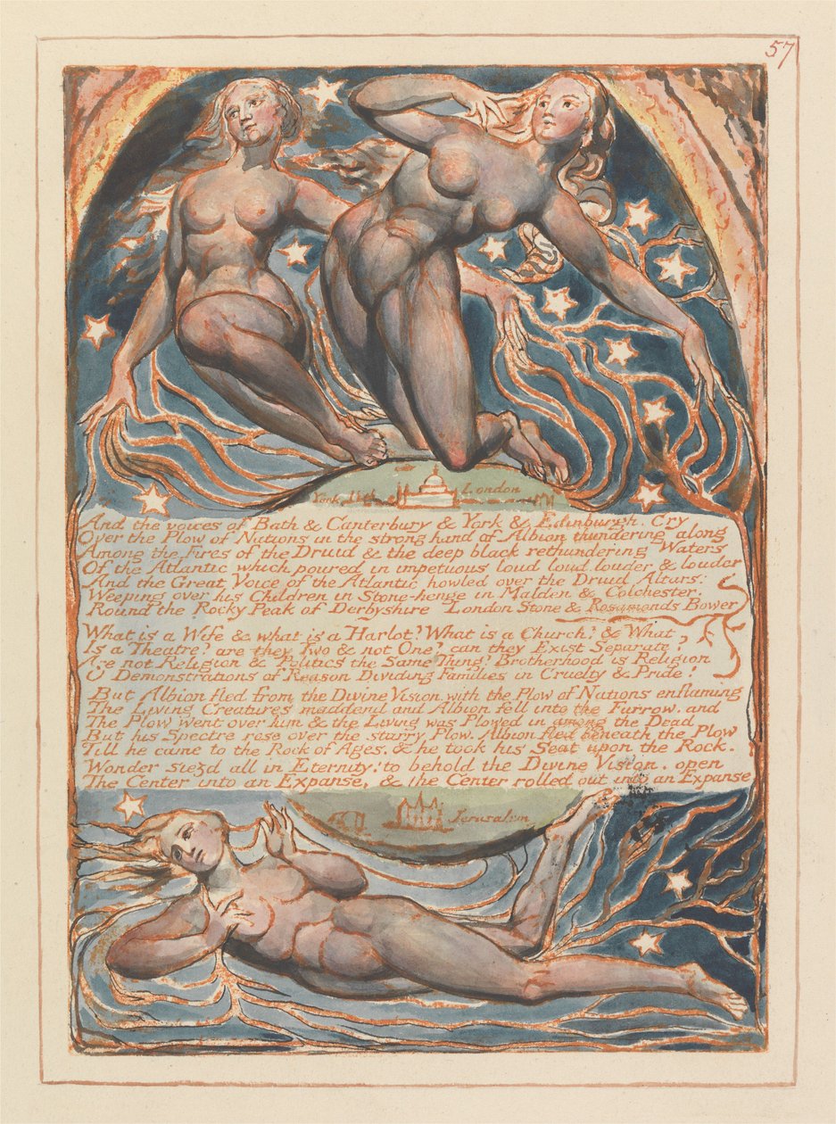 "Ja Bathin, Canterburyn, Yorkin ja Edinburghin äänet huutavat..." (Kuva 57) tekijältä William Blake