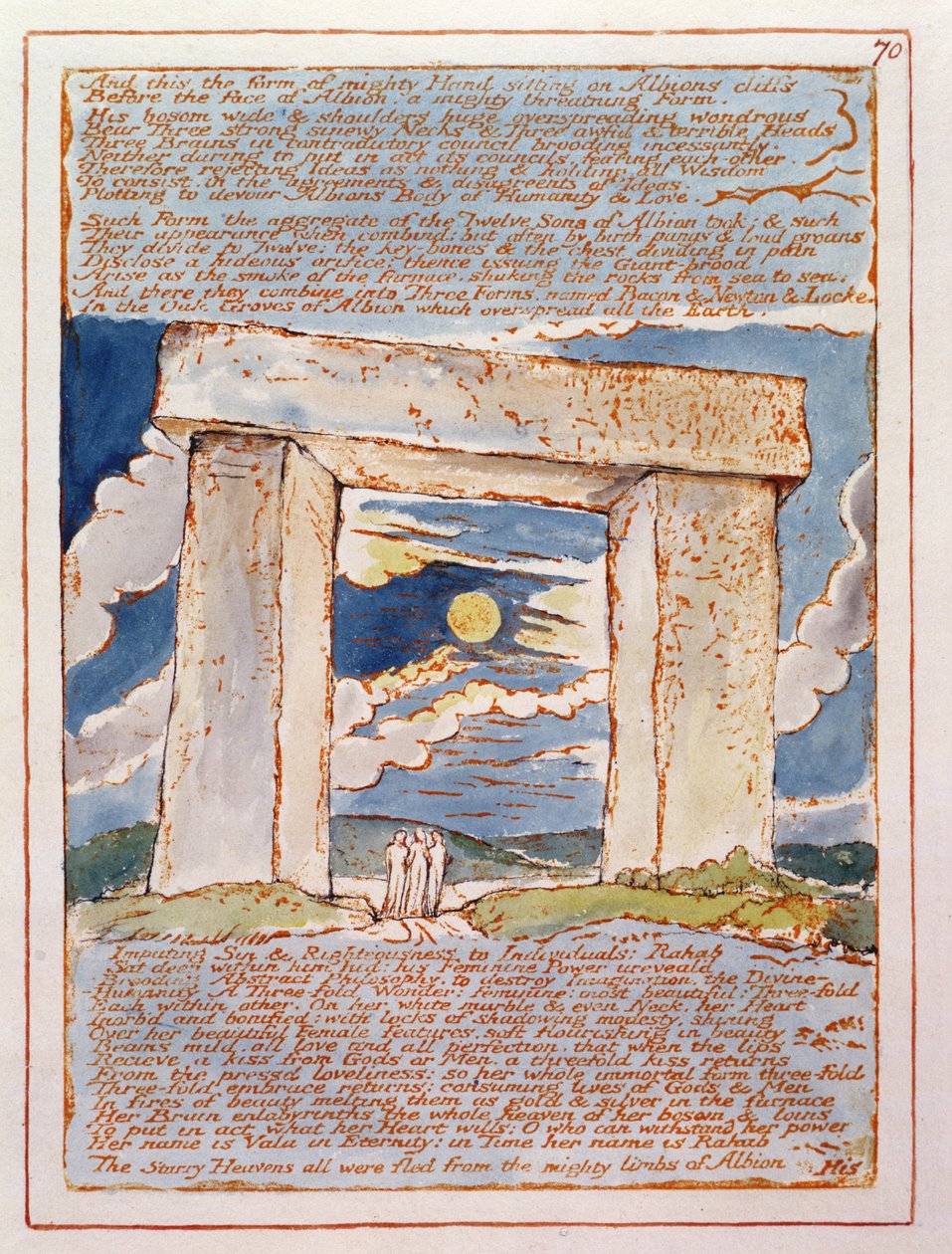 "And this the Form of Mighty Hand...", levy 70 Jerusalemista (Bentley Copy E) 1804-20 (reliefisyövytys kynällä ja vesivärillä paperille) tekijältä William Blake