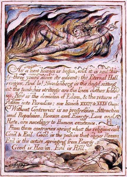 "Niin kuin uusi taivas on alkanut...", kuvitus teoksesta "Taivaan ja helvetin avioliitto", n. 1790-3 (reliefetsaus viimeistelty kynällä ja akvarellilla) tekijältä William Blake