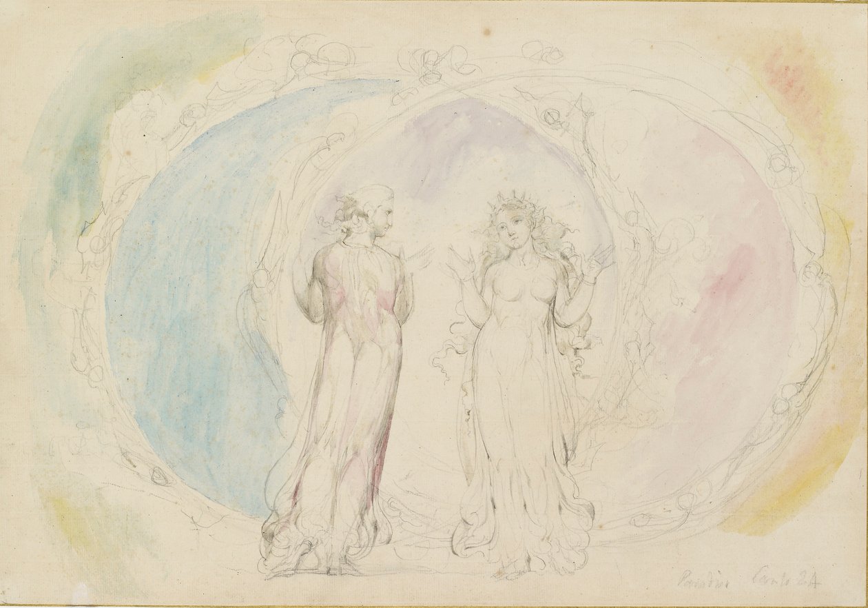 Beatrice ja Dante kaksosissa, liekin pallojen keskellä, 1825-1827 tekijältä William Blake