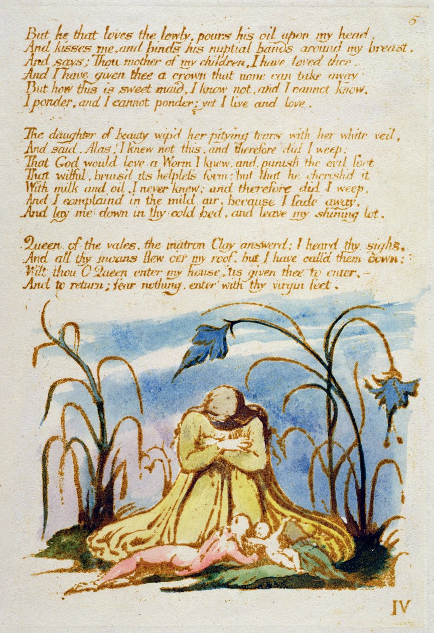 "Mutta se, joka rakastaa matalaa...", levy 7 The Book of Thel -kirjasta, 1789 (käsinvärinen kohokuvio etsauksella kynällä ja wc:llä paperille) tekijältä William Blake
