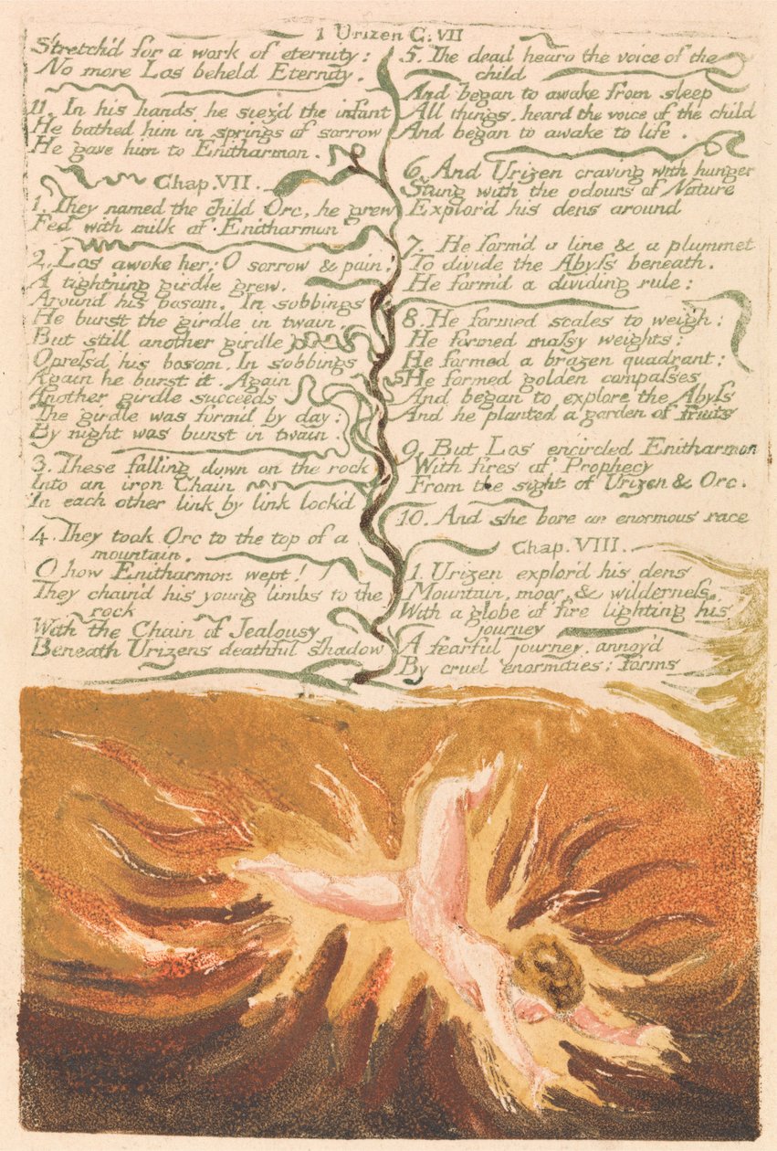 Urizenin ensimmäinen kirja, levy 19, "Vennyt ikuisuuden työhön..." (Bentley 20) tekijältä William Blake
