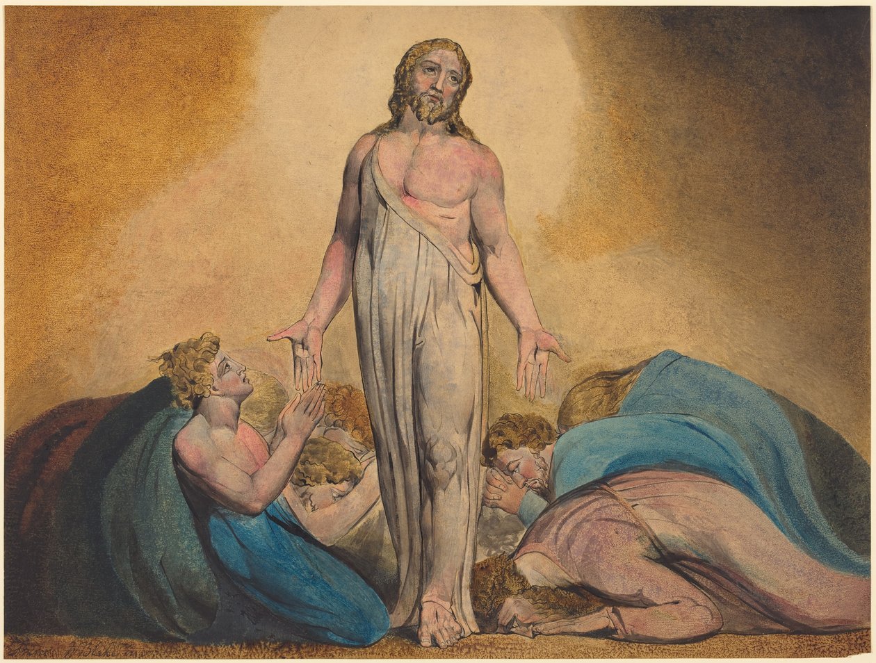 Kristus ilmestyy opetuslapsilleen ylösnousemuksen jälkeen, noin 1795 (vedos, jossa on akvarelli ja tempera). tekijältä William Blake