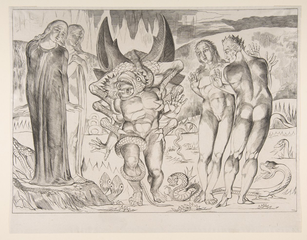 Varkaiden ympyrä: Agnello Brunelleschi, johon kuusijalkainen käärme hyökkäsi, Dan..., n. 1825-27. tekijältä William Blake