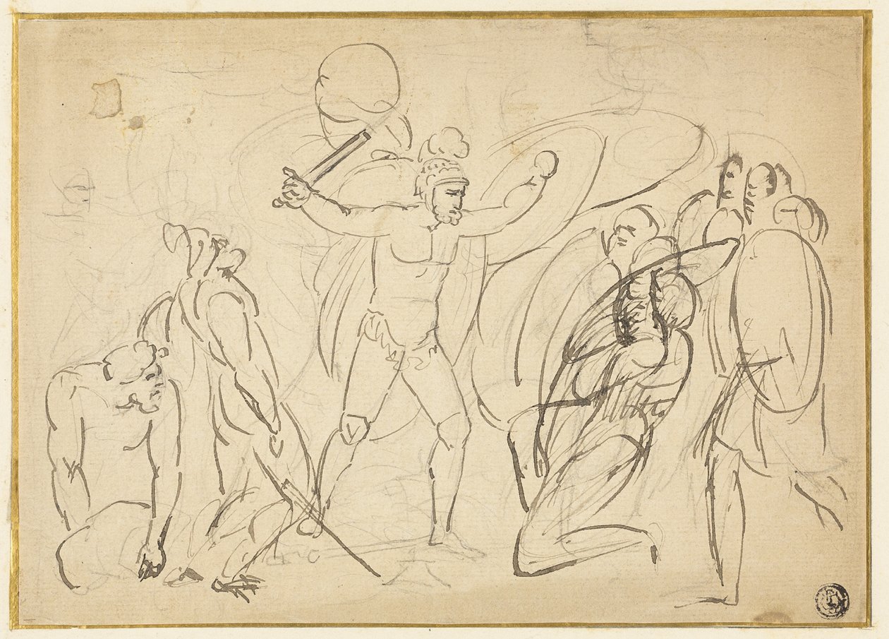 Klassinen taistelu (recto); Luonnos miesalastosta (käänteinen) tekijältä William Blake