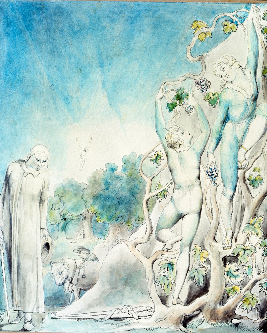 Comus tapaa yhden veljistä, joka poimii hedelmiä ruokkiakseen Ladyn. 1800-luku (akvarelli) tekijältä William Blake