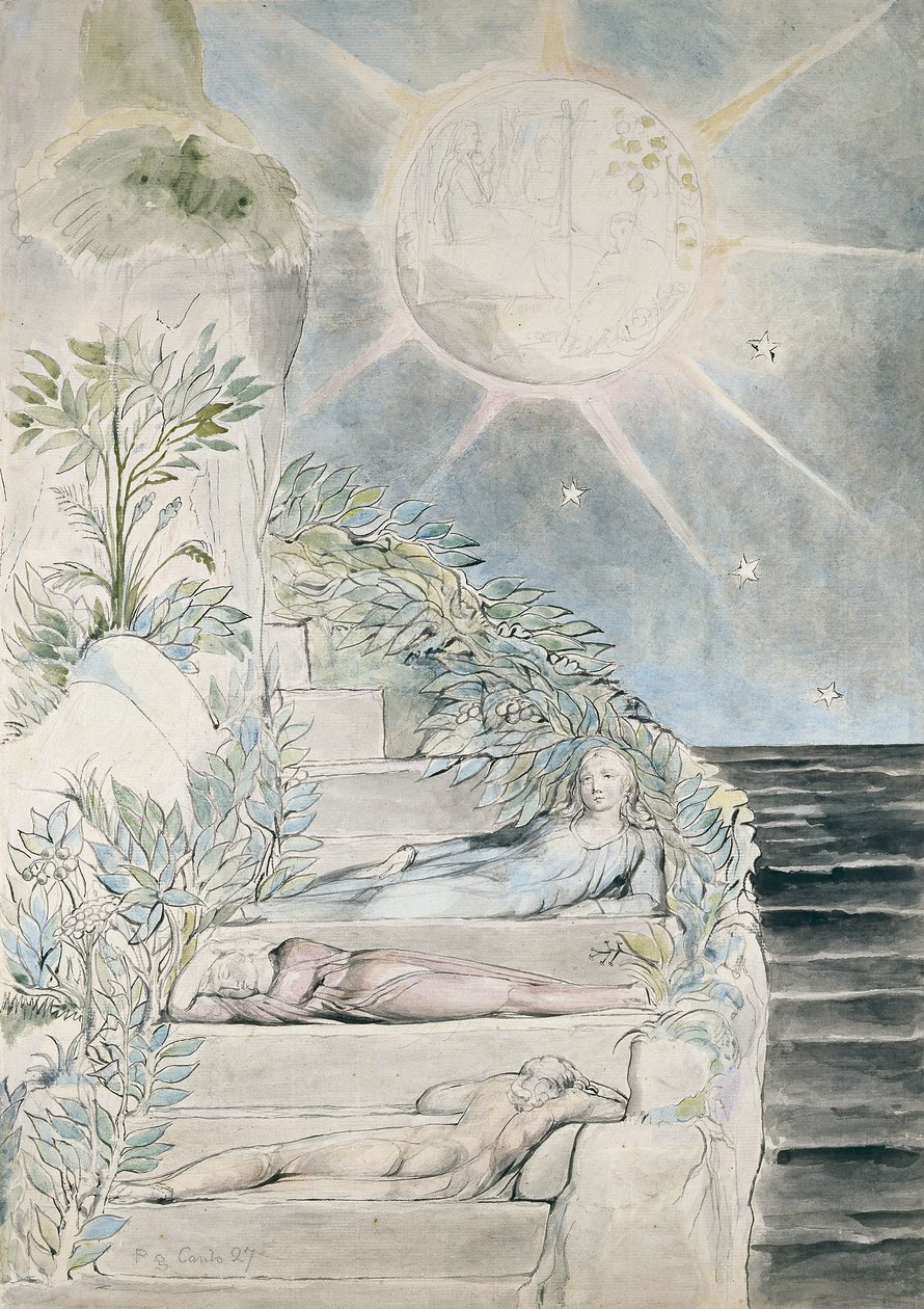 Dante ja Statius nukkumassa, Virgiluksen katselu, kuvitus jumalalliseen komediaan, Purgatorio tekijältä William Blake