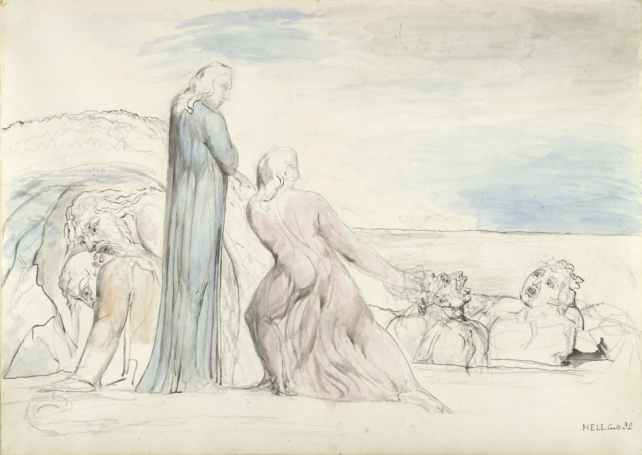 Dante tarttuu petturi Boccaa hiuksista, kuvitus Dante Alighierin "jumalalliseen komediaan" tekijältä William Blake