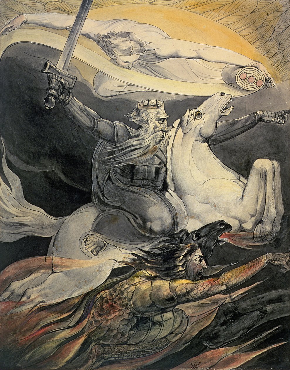 Kuolema vaalealla hevosella, n. 1800 (muste ja akvarelli) tekijältä William Blake