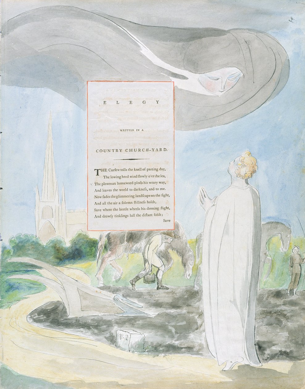 "Elegia kirjoitettu maalaiskirkkopihalla", suunnittelu 107 teoksesta "The Poems of Thomas Gray" tekijältä William Blake