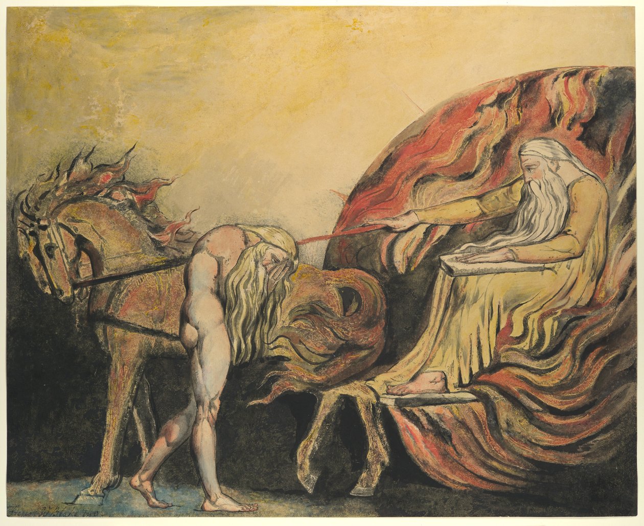 Jumala tuomitsee Aatamia, noin 1795 (värillinen etsaus, jossa on kynä, tussi ja akvarelli). tekijältä William Blake