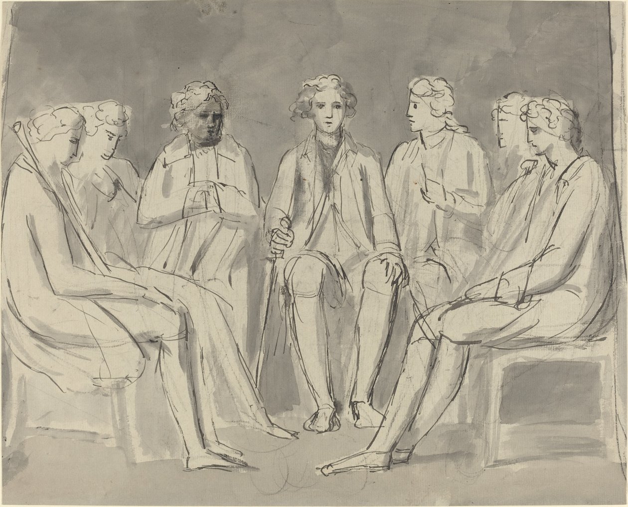Ryhmä miehiä, jotka istuvat ympyrässä [recto] tekijältä William Blake