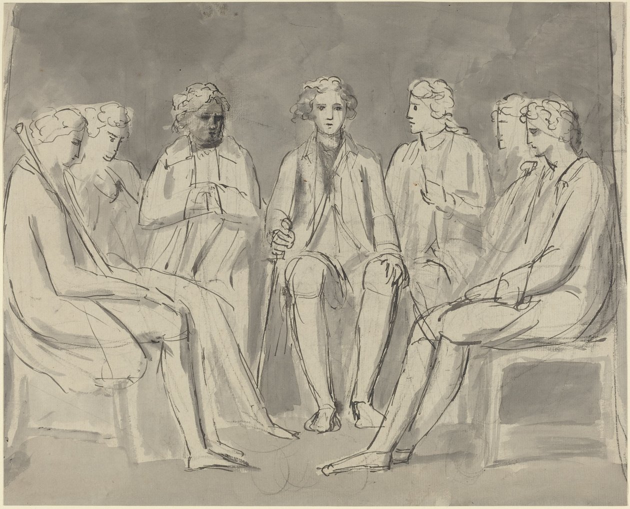 Ryhmä piirissä istuvia miehiä [etupuoli] tekijältä William Blake