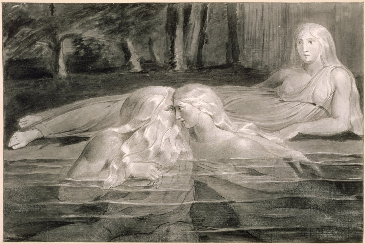 Har and Heva Bathing, Mnetha Looking On, n. 1785-1789 (harja, muste ja pesu paperille) tekijältä William Blake