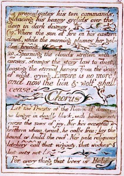 "Hän julistaa kymmenen käskyään...", teksti "Taivaan ja helvetin häistä", n. 1790-3 (reliefetsaus viimeistelty kynällä ja akvarellilla) tekijältä William Blake